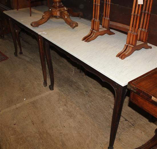 Pair of French marble top stained beech centre tables(-)